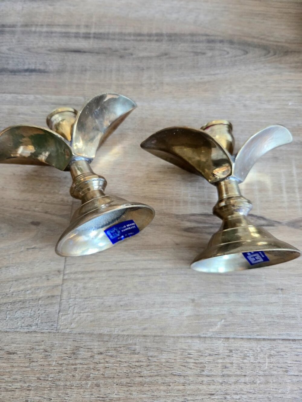 Pair of Solid Brass Vintage Handmade Candlesticks Candleholders Floral Shape - Picture 5 of 8